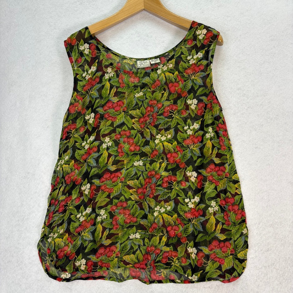 Vintage Cherry Print Sheer Rayon Tank Top Womens L Cherrycore Garden Fruit Retro